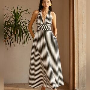 NWT Commense Coastal Nautical Feminine Stripe Backless Pockets Maxi Dress Sz XL